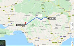 Route map to Aberdulais falls, Wales