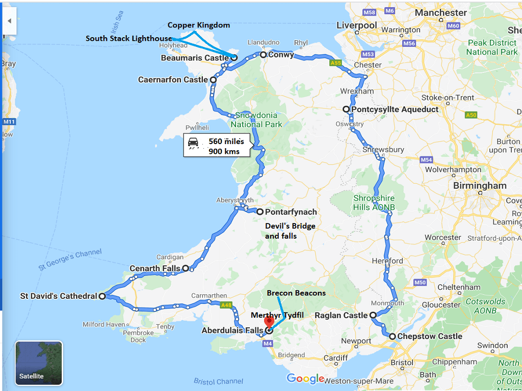 Route Map of Wales, UK