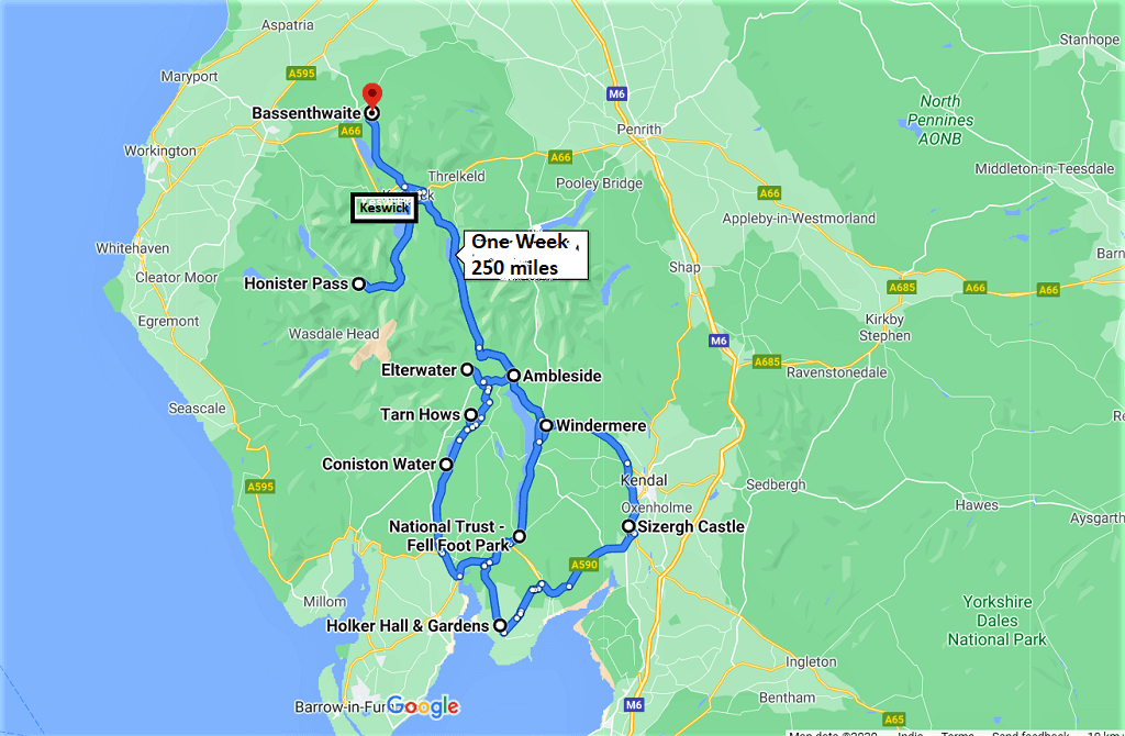 Route Map of Lake District drive