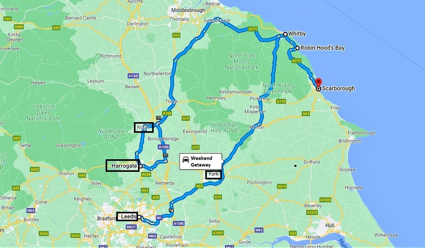 Map showing route from Yorkshire cities to getaways