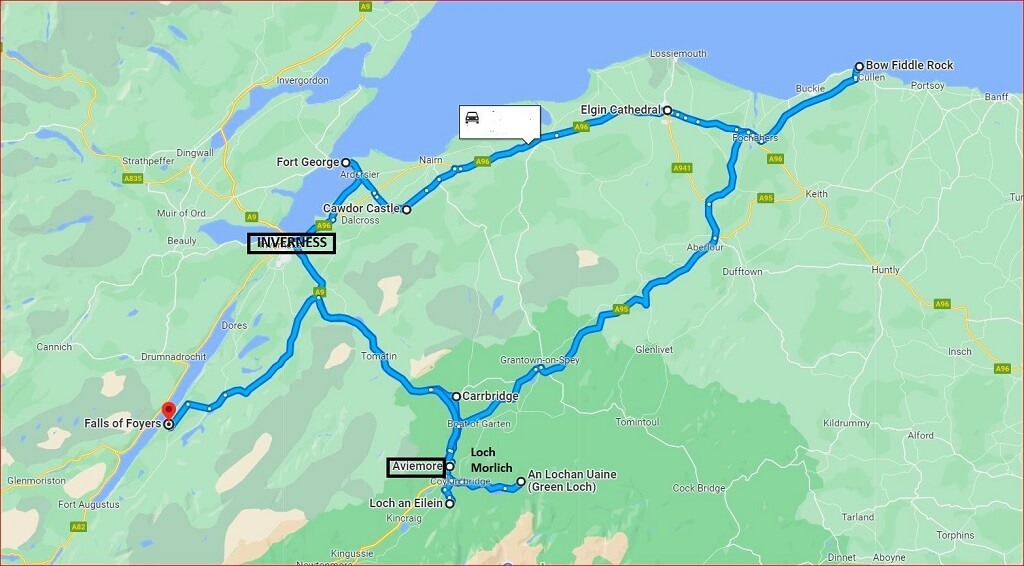 Map showing day trips from Aviemore