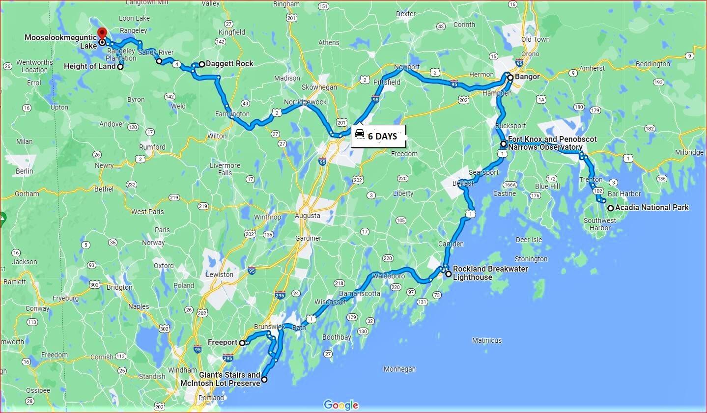 DRIVING ROUTE IN MAINE